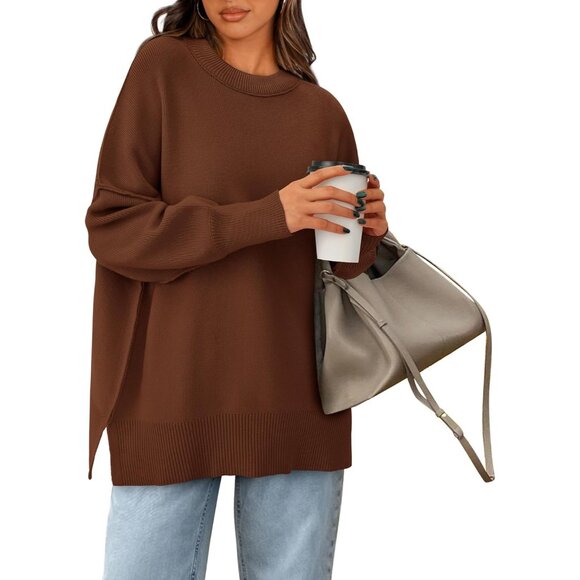 Sweaters - Women's Oversized Knit Sweater Crewneck Long Sleeve Side Slit Casual Top